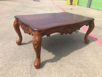 30” x 50” Carved French Coffee Table with Inlaid Top