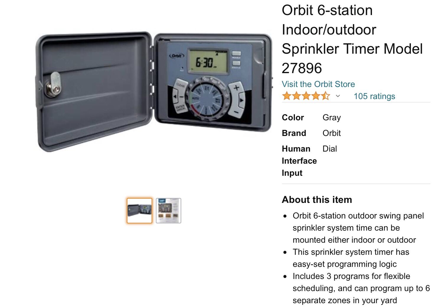 Orbit 6 - Station Indoor/Outdoor Sprinkler Timer - Model # 27896