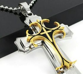 Fashion Stainless Steel Men's Cross W. Lord's Prayer in English and Halo Ring Pendant Necklace - with High Quality Curb Chain