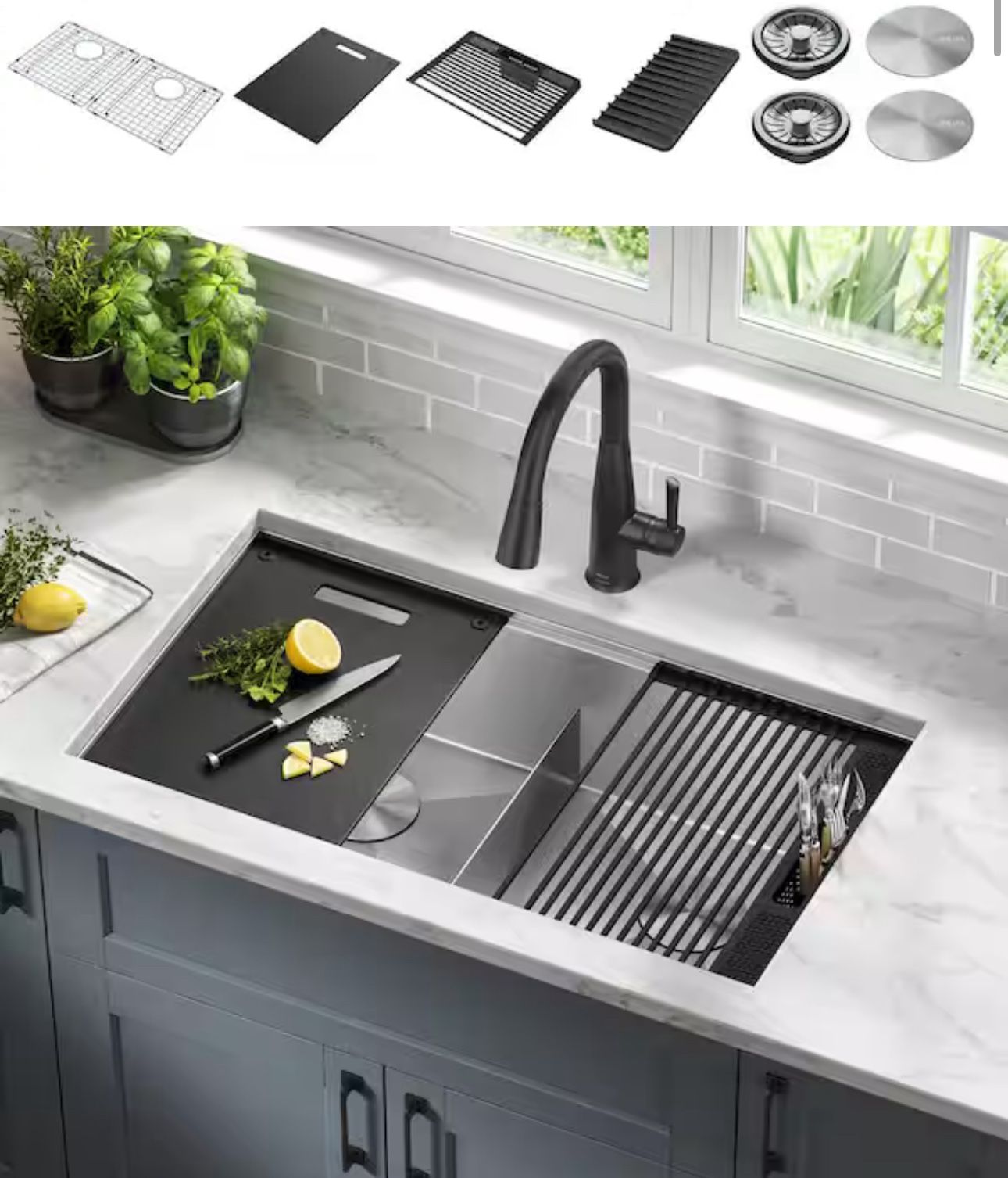 Rivet Stainless Steel 16 Gauge 33 in. Double Bowl Undermount Workstation Kitchen Sink