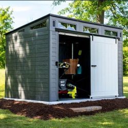 10' x 7' Outdoor Storage Shed Suncast Modernist with Pad-Lockable Sliding Barn Door, All-Weather Shed for Outdoor Storage, Gray, $1800 in store