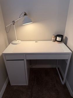 IKEA white desk and lamp
