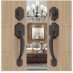 Goldenwarm Double Front Door Lock Set, Oil-Rubbed Bronze Double Door Handlewith Dummy, Double Classic Front Door Hardware Set with Reversible Wave Han