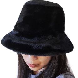 NEW Faux Fur Black Bucket Hat Adult One Size Adjustable