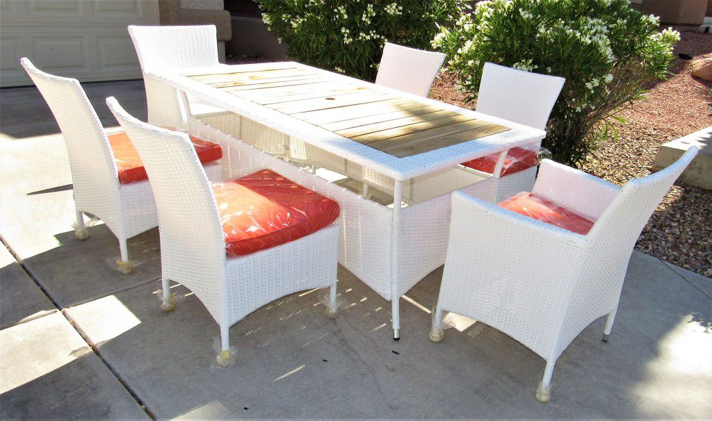 New White Wicker Outdoor Dining Set 7 Pc Patio Furniture Deck Pool
