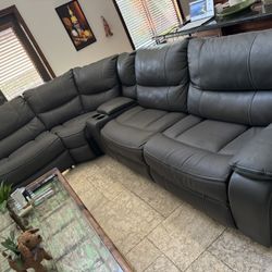Grey Leather Section With 2 Electrical Recliners