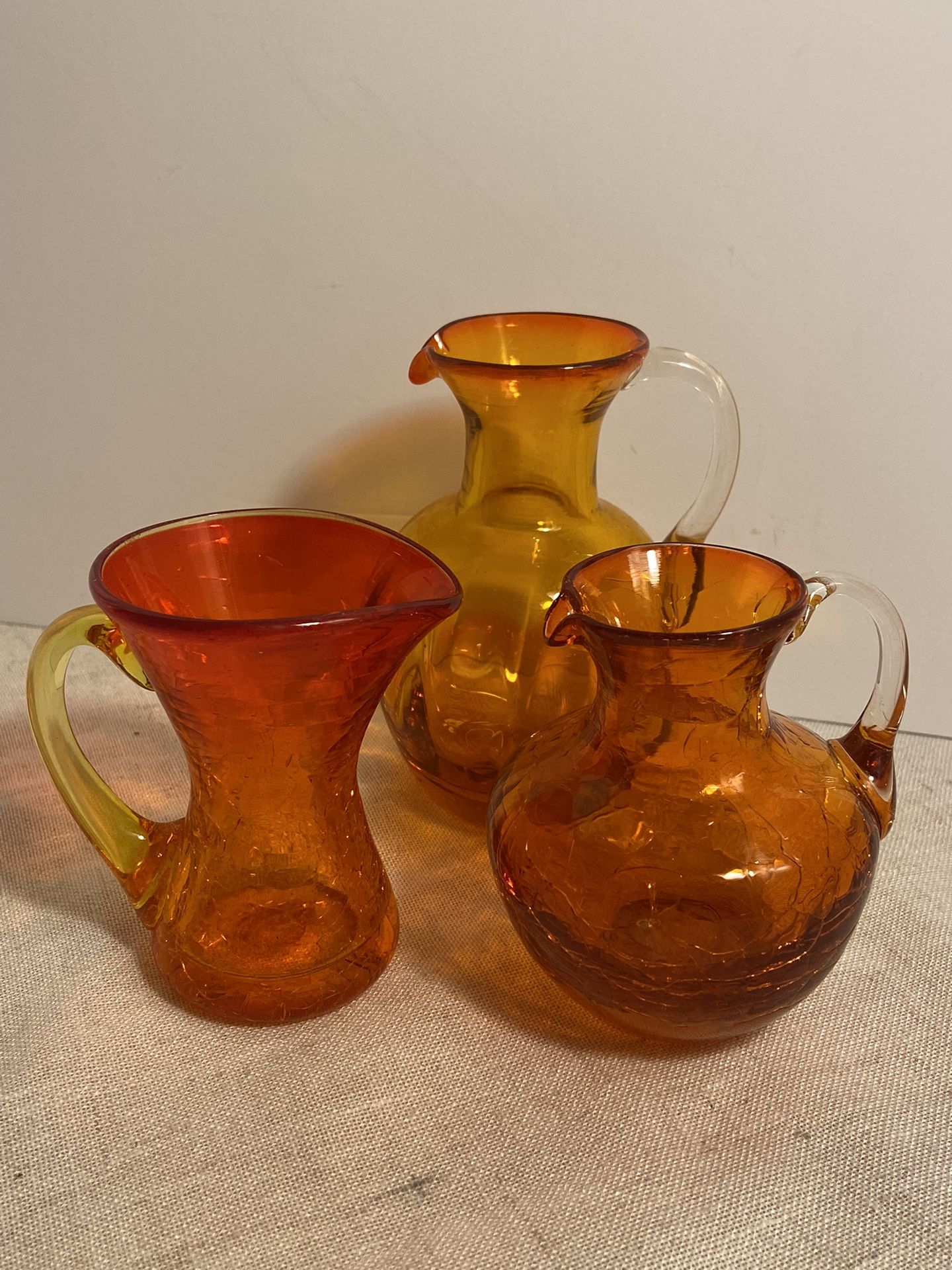 Vintage 3 orange glass mini Pitchers tangerine crackle art glass bud vase LOT