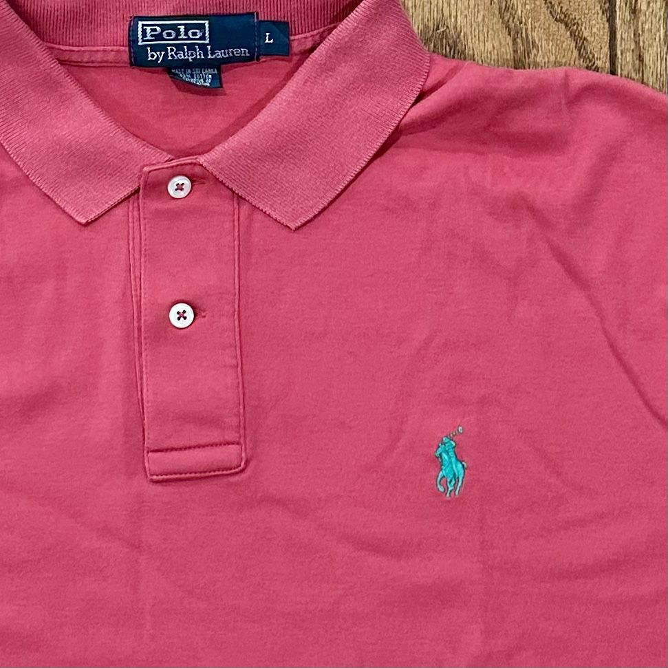 Men’s LARGE Ralph Lauren POLO Short Sleeve Collard Collar Button Dress Work Shirt L LRG - RED PINK CORRAL