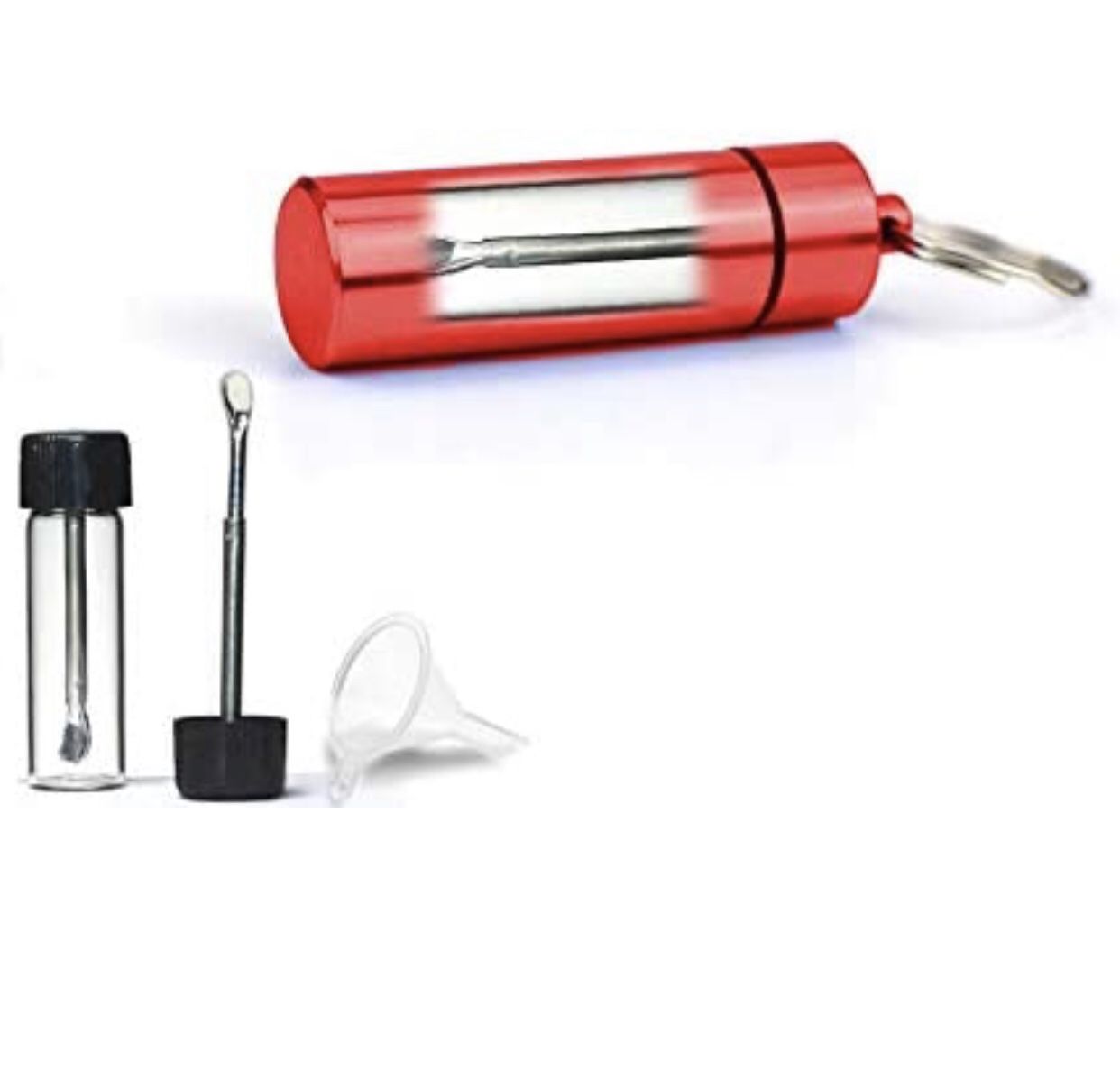 ASIO Glass Vial with Snuff Spoon in Waterproof Aluminum Pill Case | Small Glass Bottle with Keychain Airtight Container Holder for Outdoor Travel (Red