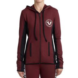 True Religion Hoodie Womens Size XL Burgundy/Black Contrast Panel Zip Activewear