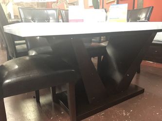 White marble top walnut finish Dining table with 6 chairs