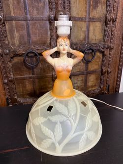 Vintage Mid Century Figural Lady Boudoir Lamp Frosted Glass Leaf Skirt MCM Home Decor