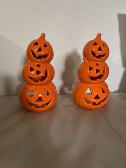 Pair of Ceramic Stacked Pumpkin Lanterns Halloween Jack O Lantern Decor