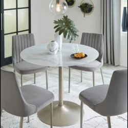 Gorgeous Dining Table Set: Marble Print Glass Top with Velvet Chairs