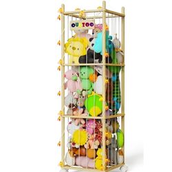 Stuffed Animal Storage Zoo with Wheels, Natural Wooden Stuffed Animal Storage & Organizer with Elastic Cords & Shelf, Large Kids Plush Toy Organizer f