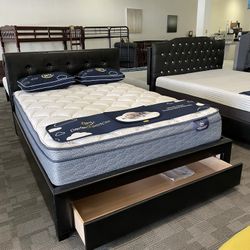 Queen Black Leather Platform Bed Frame With Storage Drawer - Color Options Black Or White Leather And Grey Linen