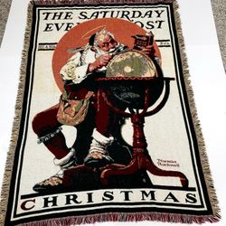 Vintage Norman Rockwell 1926 Christmas Theme Ahfgan Throw Blanket with Fringe 4ft x 5.5ft