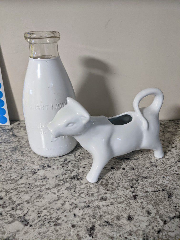Cow Creamer And Vintage Quart Milk Bottle
