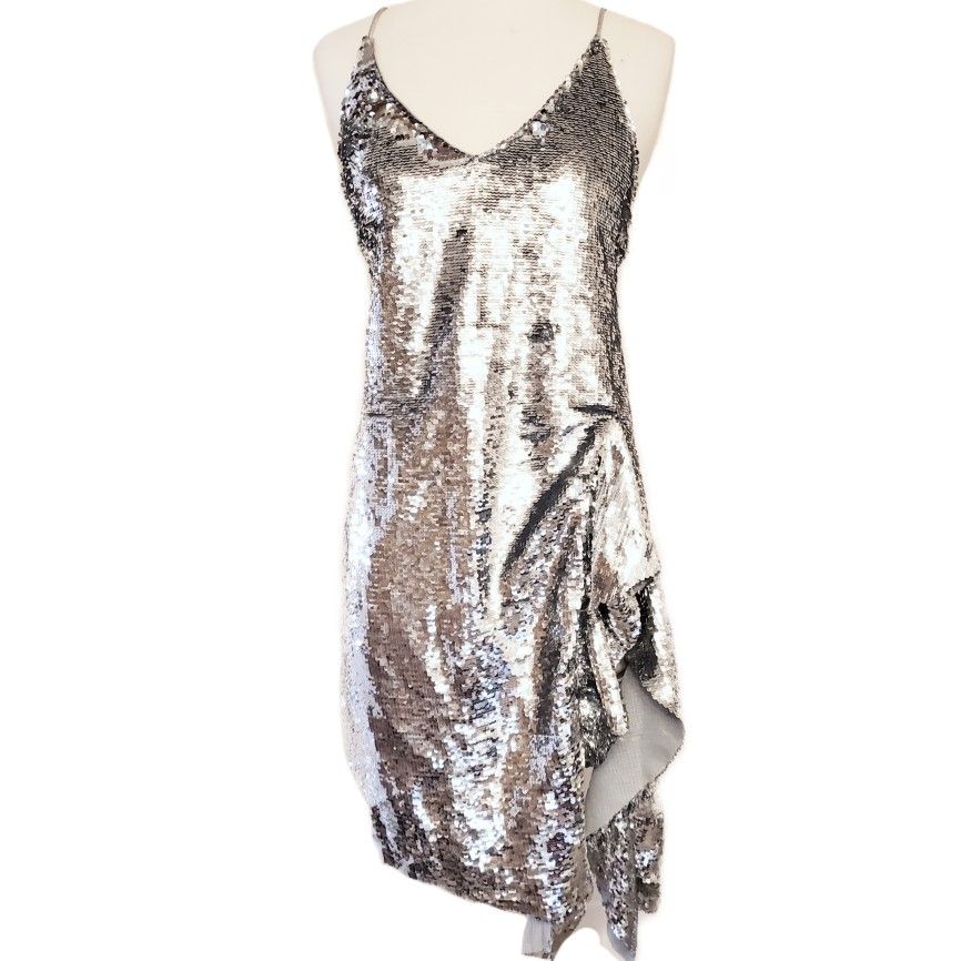 MO&CO MO & CO NWT Sparkly Silver Sequins Party Mini Dress Thigh Ruffle Slit S