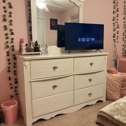 Ashley Exquisite dresser, Ashley Full Sleigh Bed, Ashley Exquisite Two Drawer Nightstand, Ashley White French 3-drawer dresser.