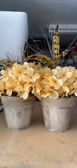 2 Flower Pots With Faux Flowers For $10