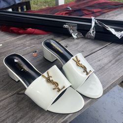 White Block Heel Mule Sandals