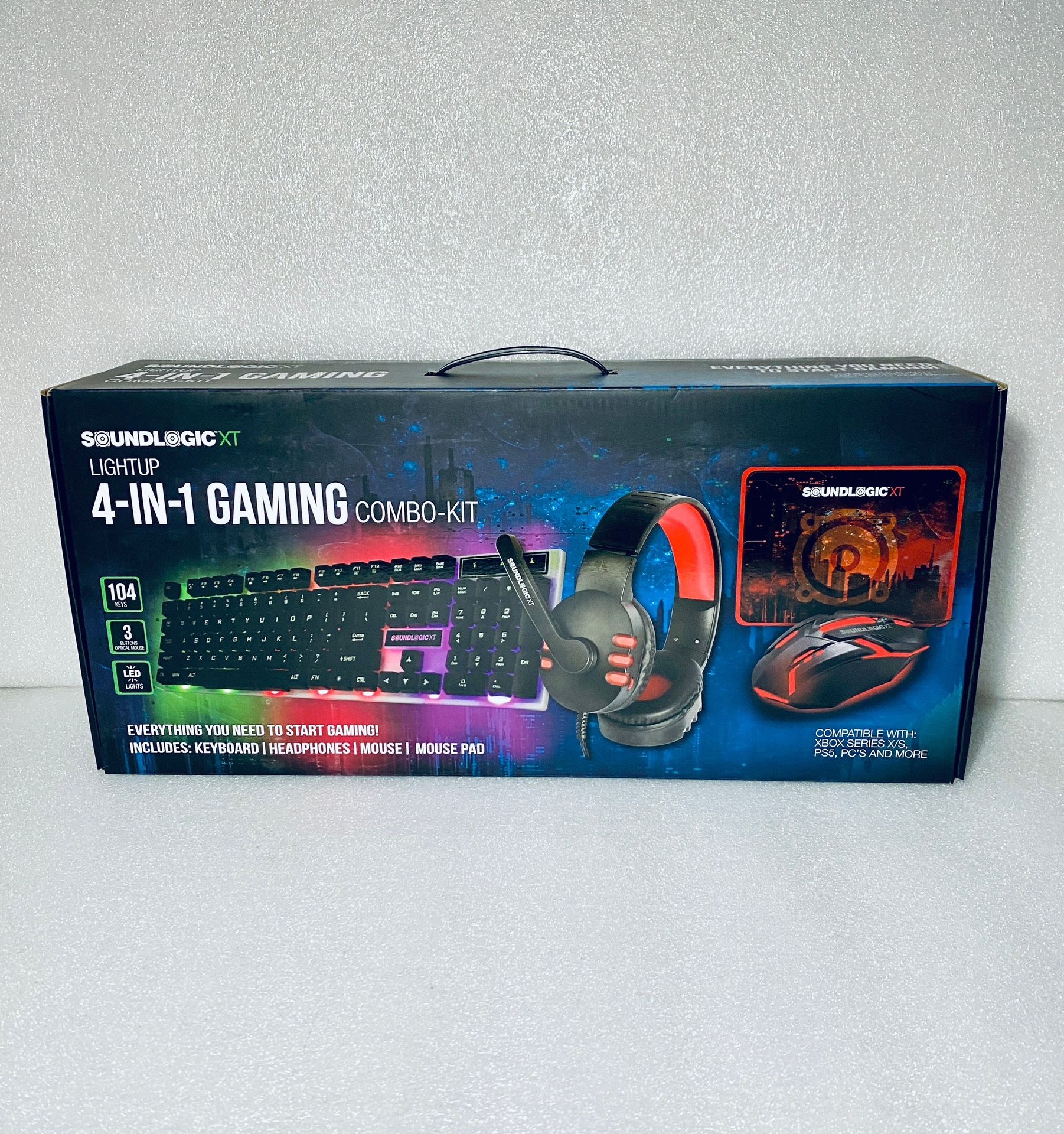 New SoundLogic XT Light-Up 4-In-1 Gaming Combo-Kit, Keyboard, Mouse, Mouse Pad & Headphones