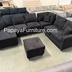New! Large Sectional Sofa And Ottoman, Reversible Chaise Couch, Sectional, U-shaped Sofa, Sectionals Sofas, Couch,Black Sectional,Chenille Fabric Sofa