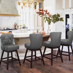 Counter Height Bar Stools Set of 4, 26" H Swivel Bar Stool with Back, Faux Leather Counter Stool, Solid Wood Legs, Retro Upholstered Barstools for Kit