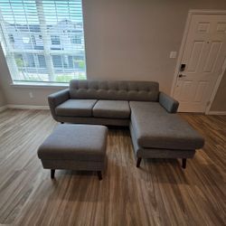 Modern Gray Sectional Sofa with Chaise + Matching Ottoman Excellent Condition