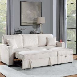👑 Sectional Sofa With Out Sleeping, Beige Color Corduroy Fabric, New In The Box.
