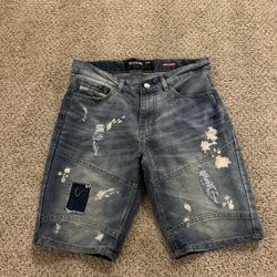 Ecko Unltd Mens Relaxed Fit Blue Denim Shorts Size 32 Distressed Paint Splatter