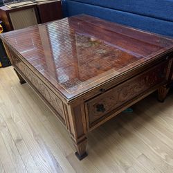 Theodore Alexander Coffee Table Has Some Damage On Too But Protected With Heavy Glass Deep Drawers And Pull Out Leaves