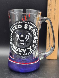Vintage Glass Anchor Hocking Handled Mug, Hand Painted, Navy