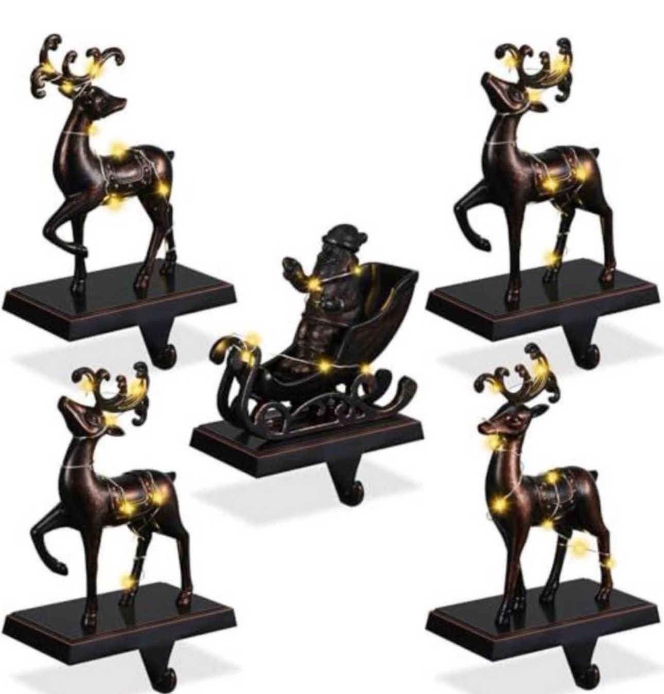 Vicenpal 5 Pcs Christmas Stocking Holders for Mantle with 5 Pcs LED Fairy Lights Snowflake Hanger Hook Elk Sleigh Metal Hooks for Fireplace Table Xmas