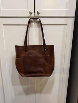 Portland Leather Goods Brown Tote Bag Double Handles Outer Pockets Open Top