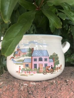 Vintage Set of 4 Ceramic Soup Bowl Dual Handles Made China Town Scene Carriage 