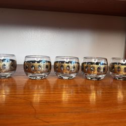 Vintage MCM Culver PISA - 5 Gold Roly Poly Cocktail Glasses - Circa 1960's