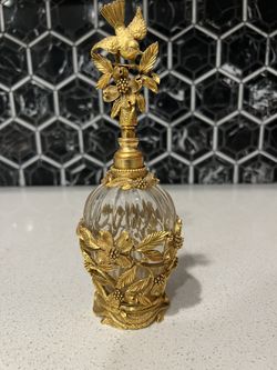 Rare Matson Dogwood And Bird Gold Ormolu Fluted Crystal Perfume Bottle