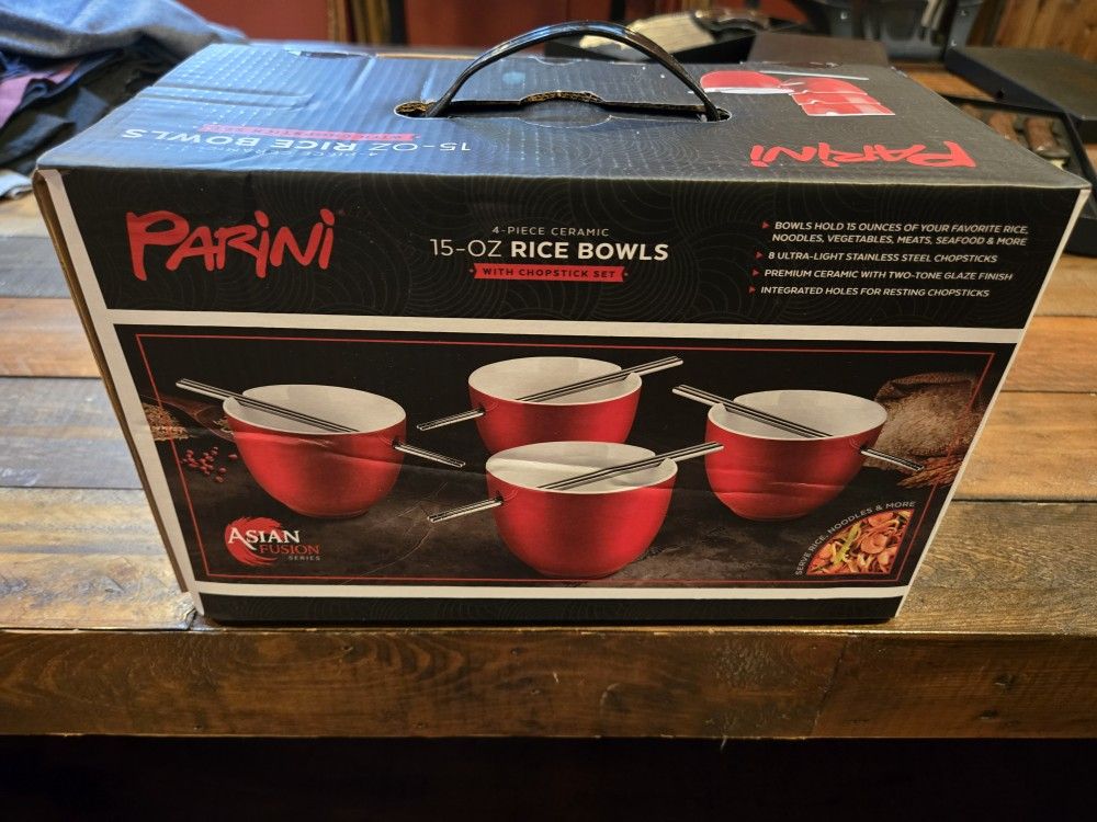 Parini Ceramic 15oz Rice Bowls with chopsticks, Set of 4, red, brand new