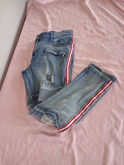 Rue21 Men’s Jeans 38x32 Premium Skinny Supreme Flex Red Stripe Distressed Moto