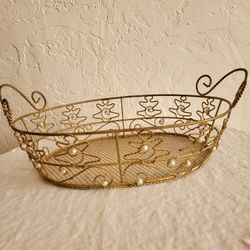 Large Gilded Metal Gold Basket With Pearls