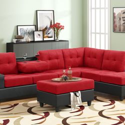 Sectional Sofa, Black, And Red With Ottoman Brand New