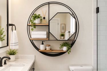 Round Black Metal Mirror & Decorative Wall Shelf