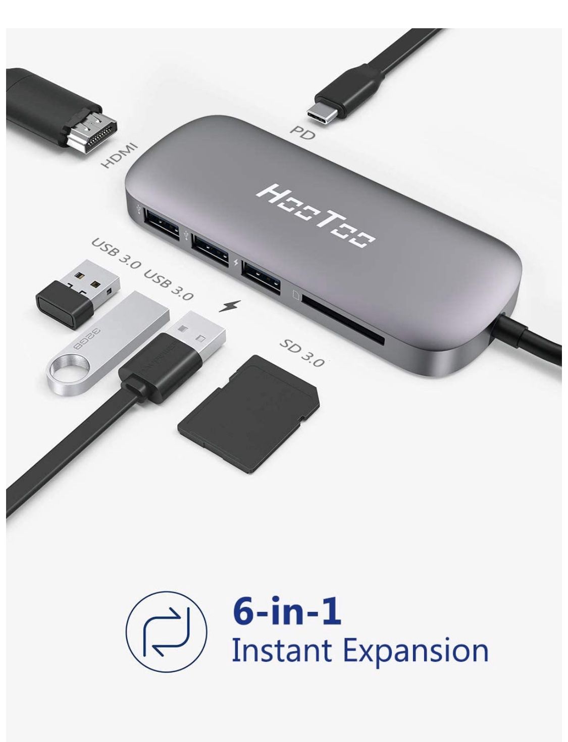 HooToo USB C Hub, 6-In-1 USB C Adapter with 4K USB C to HDMI, 3 USB 3.0 Ports, SD Card Reader, Pd Charging Port for MacBook/Pro/Air Chromebook，And Mo