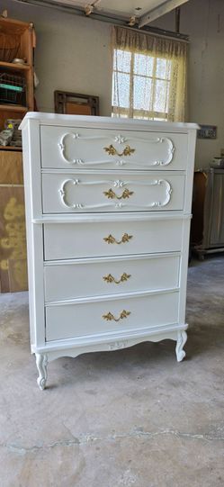 French provincial dresser chest refinished white and gold pulls 5 drawers