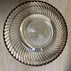 Set of 6 Vintage Clear Glass Dessert Plates Saucer Swirl Pattern Gold Rim 6 Inch glass plates with small foot, starburst center and spiral swirl rim. 