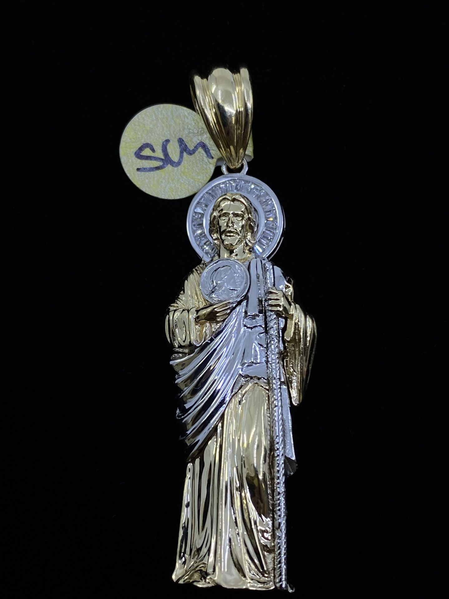 $2000 Two Tone Gold Semi Hollow Saint Jude San Judas W Zirconia Charm Pendant