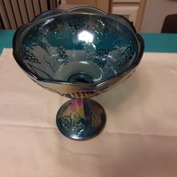 Vintage Iridescent Blue Carnival Glass Footed Compote