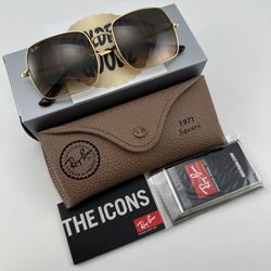 Ray-Ban Square 1971 Classic Sunglasses Polished Gold Frame Light Brown Lens 54mm